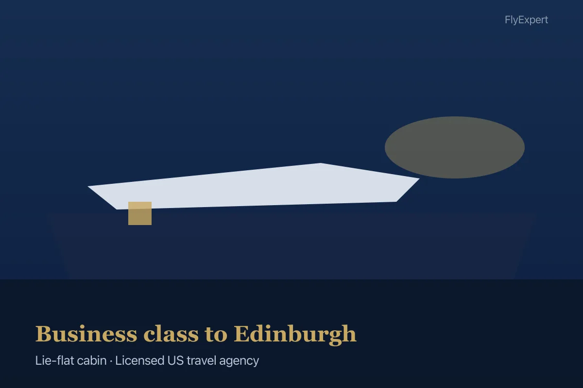 Lie-flat business class seat on transcontinental flight arriving Edinburgh EDI — FlyExpert licensed US travel agency