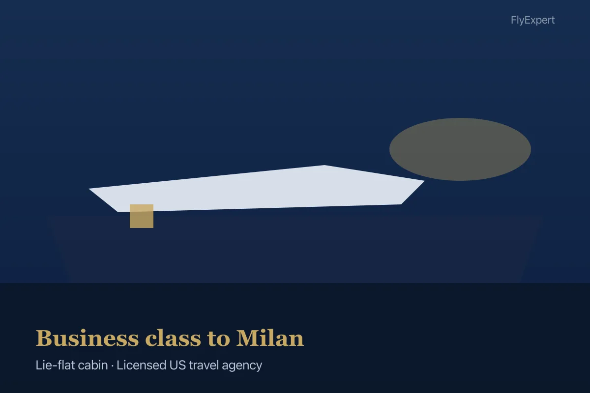 Lie-flat business class seat on transcontinental flight arriving Milan MXP — FlyExpert licensed US travel agency