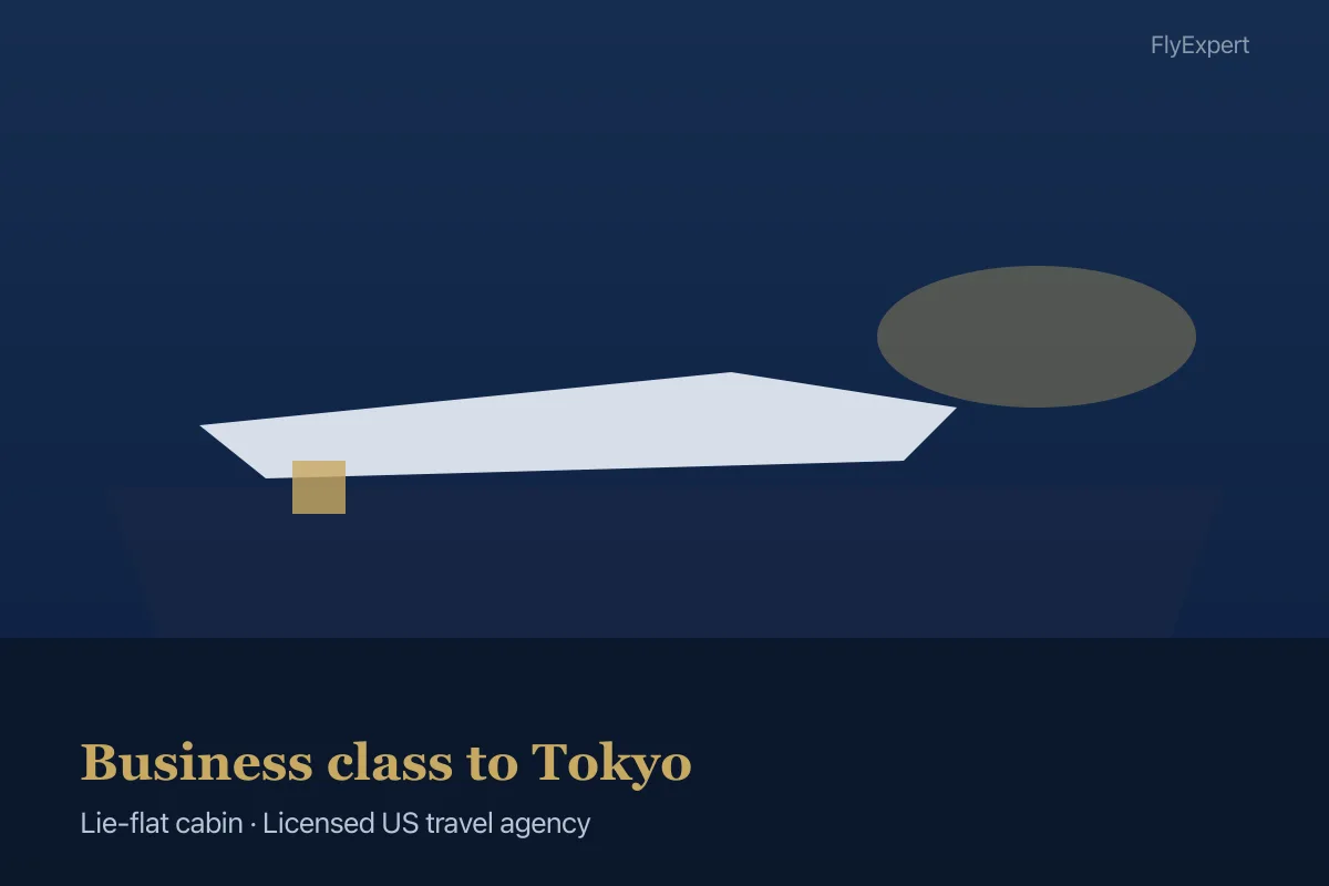 Lie-flat business class seat on transcontinental flight arriving Tokyo NRT — FlyExpert licensed US travel agency